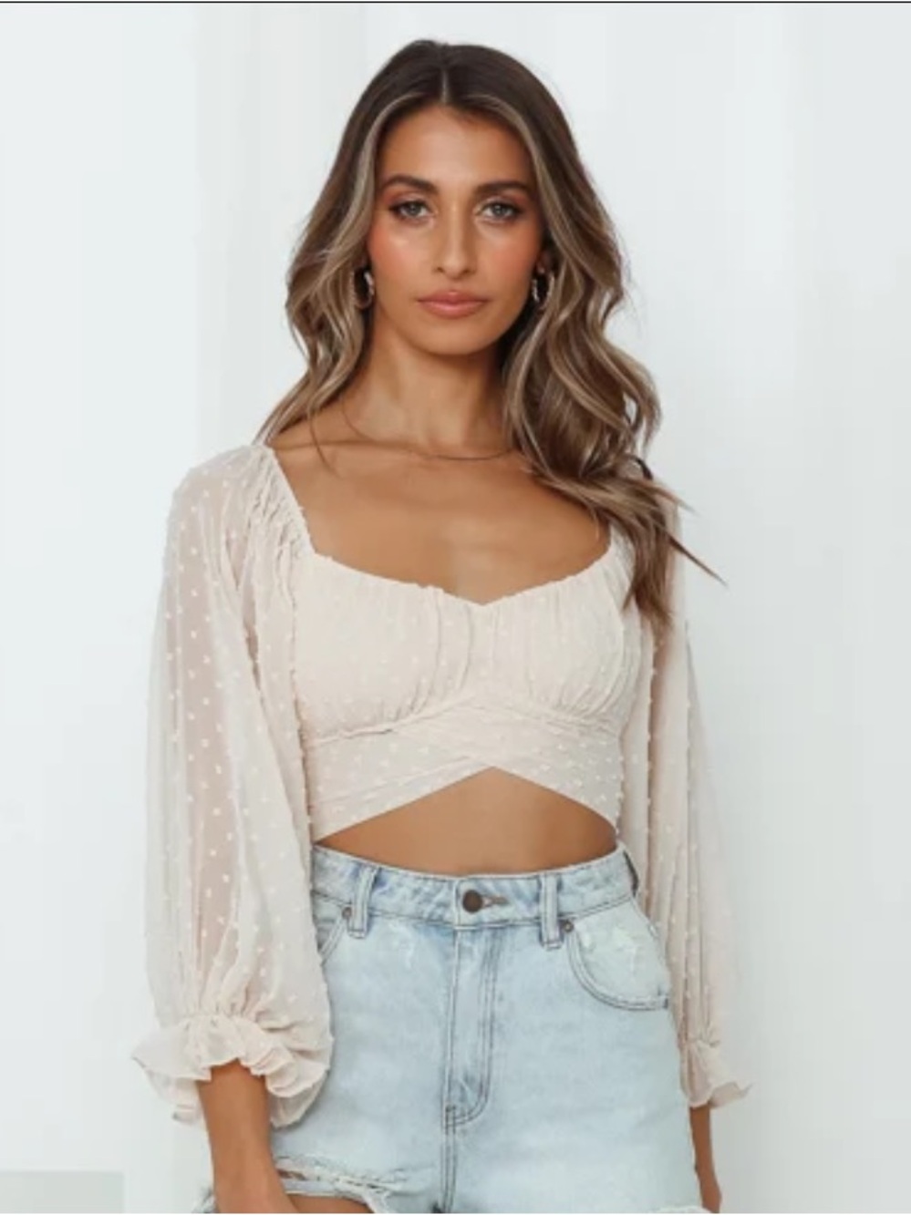 Hello Molly Cream Swiss Dot Puff Sleeve Crop Top